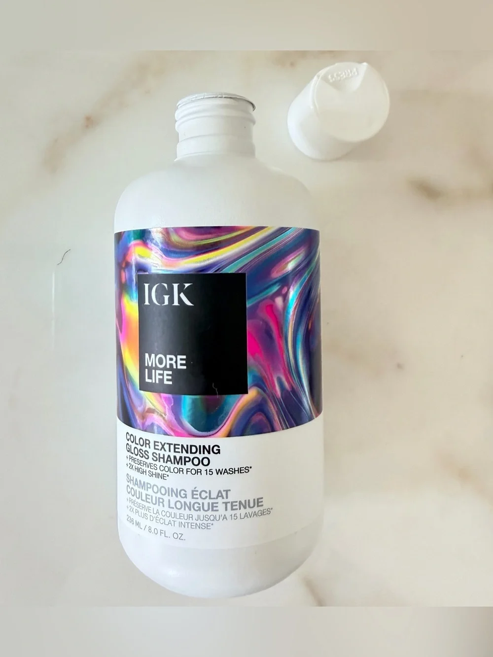 IGK More Life Color Extending Gloss Shampoo – White Bottle with Iridescent Label